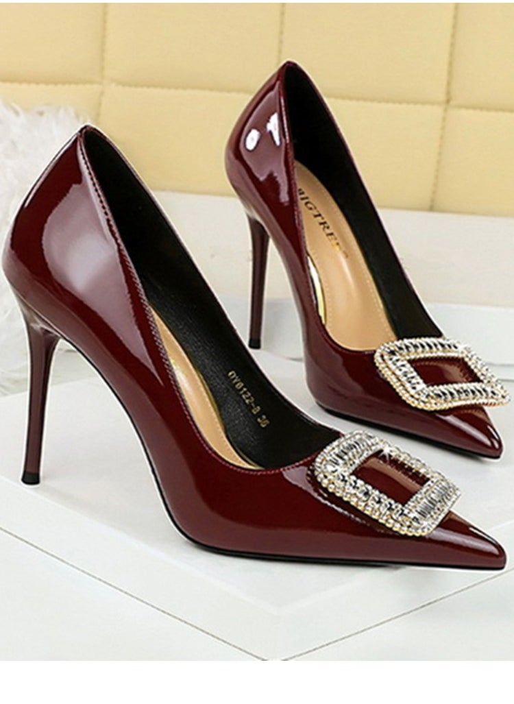 BIGTREE Women's Closed Pointed Toe Stiletto Pump Rhinestone Square Buckle Decoration High Heels Wine Red 10 CM  - Image 2
