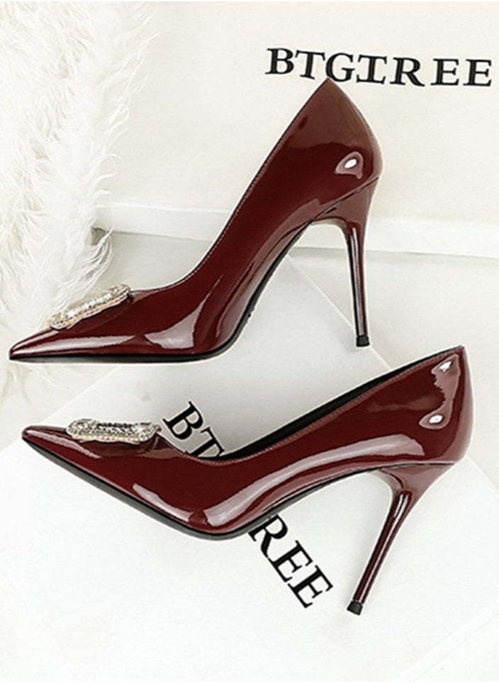BIGTREE Women's Closed Pointed Toe Stiletto Pump Rhinestone Square Buckle Decoration High Heels Wine Red 10 CM  - Image 3