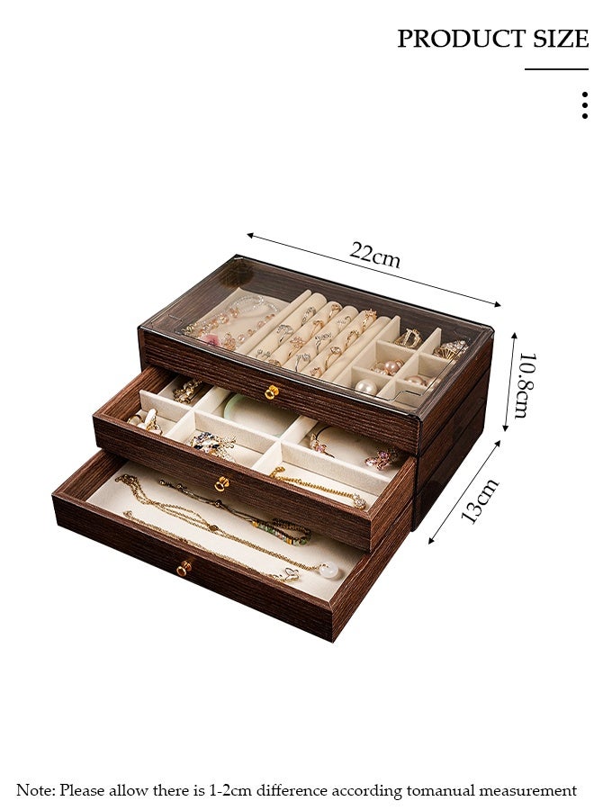 DUNISO 3 Layer Wooden Drawers Jewelry Box Vintage Style Jewelry Organizer with Acrylic Cover, Jewelry Storage Display Box for Necklaces Rings Earrings Bracelets for Women and Girls - Image 2