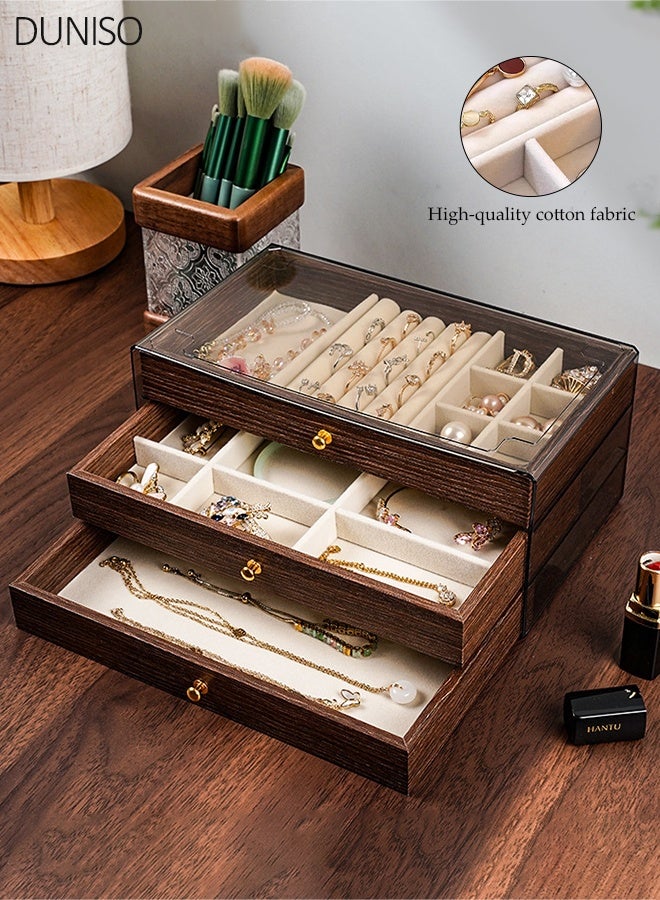 DUNISO 3 Layer Wooden Drawers Jewelry Box Vintage Style Jewelry Organizer with Acrylic Cover, Jewelry Storage Display Box for Necklaces Rings Earrings Bracelets for Women and Girls - Image 1