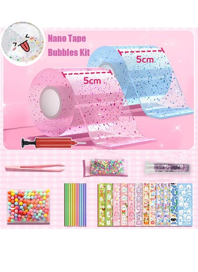 ZVEV Nano Tape Bubbles Kit,with Straws Glitter Double-Sided Tape Bubble Balloons Elastic Magic Plastic Bubbles DIY Craft Gifts for Party Birthday Fidget Toys Gift (Blue and Pink) - Image 1