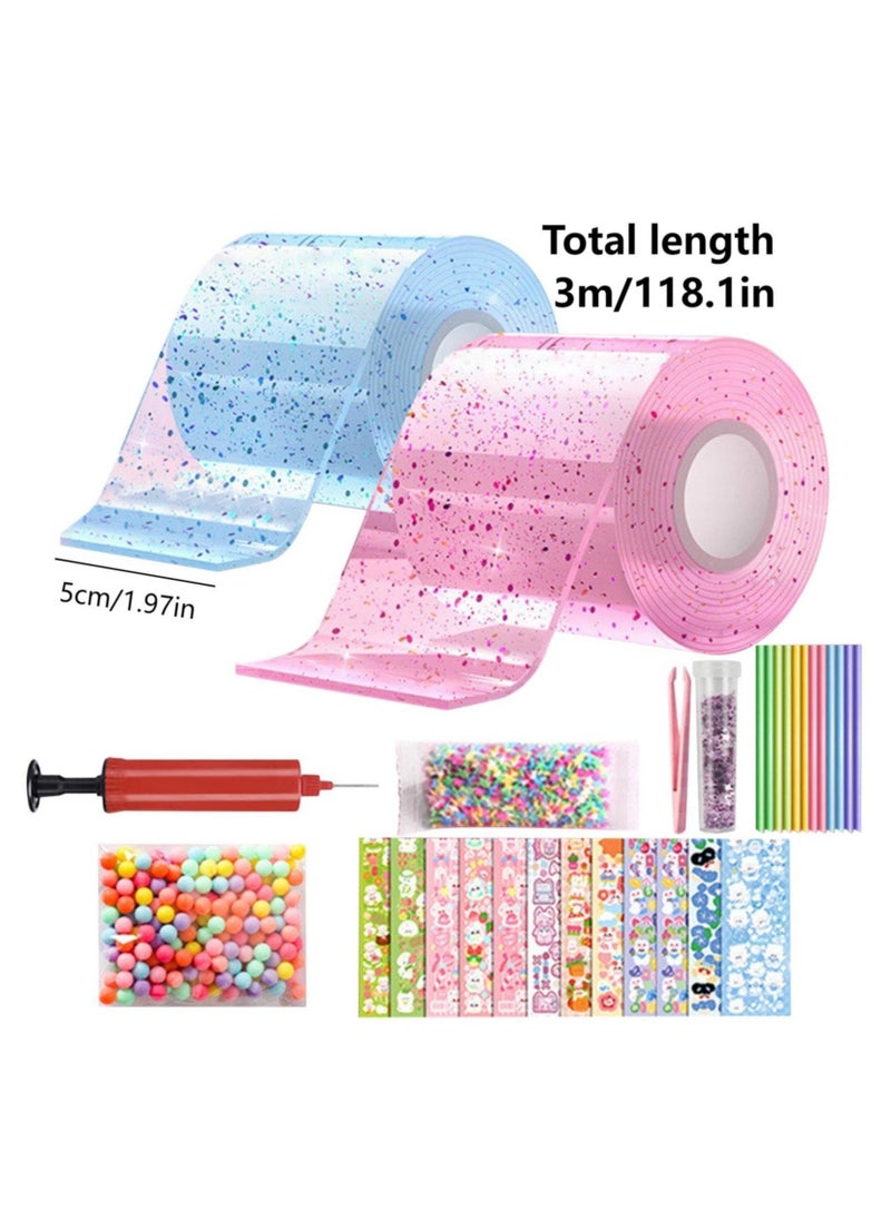ZVEV Nano Tape Bubbles Kit,with Straws Glitter Double-Sided Tape Bubble Balloons Elastic Magic Plastic Bubbles DIY Craft Gifts for Party Birthday Fidget Toys Gift (Blue and Pink) - Image 4
