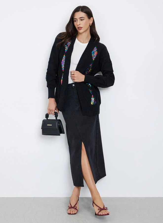Take Two Black Front Open Sequined Cardigan