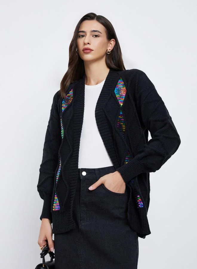 Take Two Take Two Black Front Open Sequined Cardigan