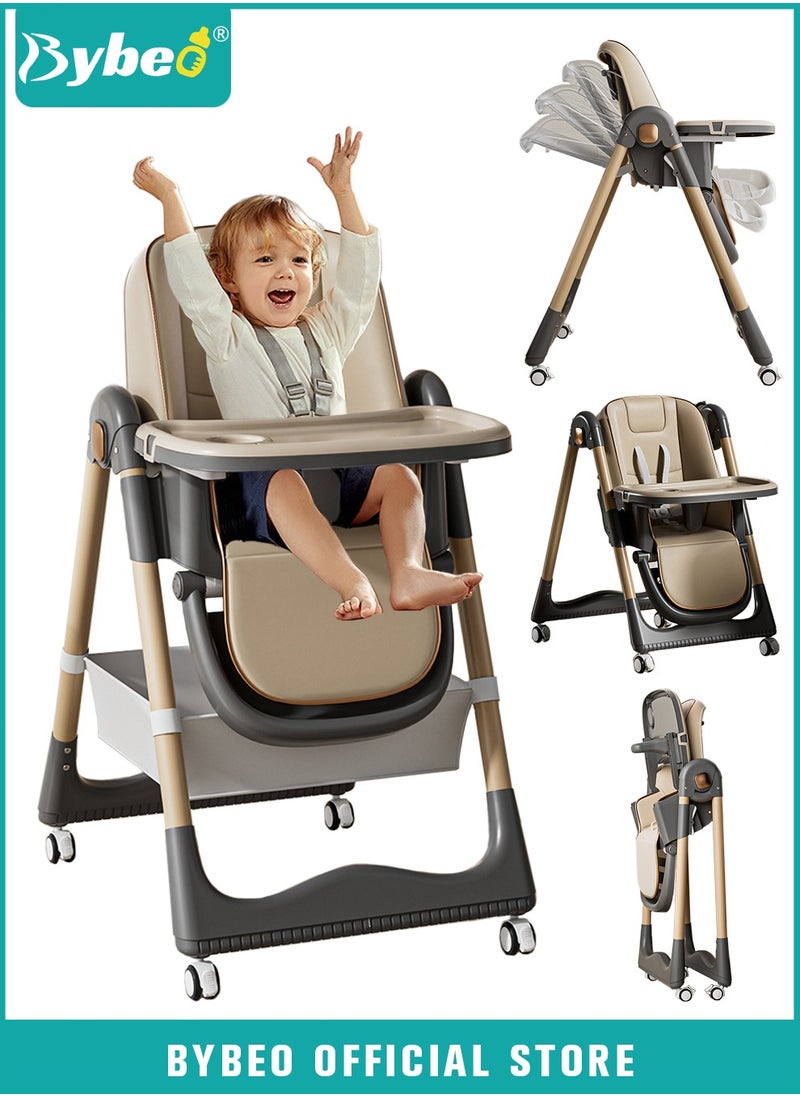 Bybeo Baby High Chair, Foldable Children Dining Chairs for Eating With Wheels, Multifunctional Toddler Feeding Chair with Double Removable Tray, Adjustable Back and Footrest, Storage Pocket  - Image 1