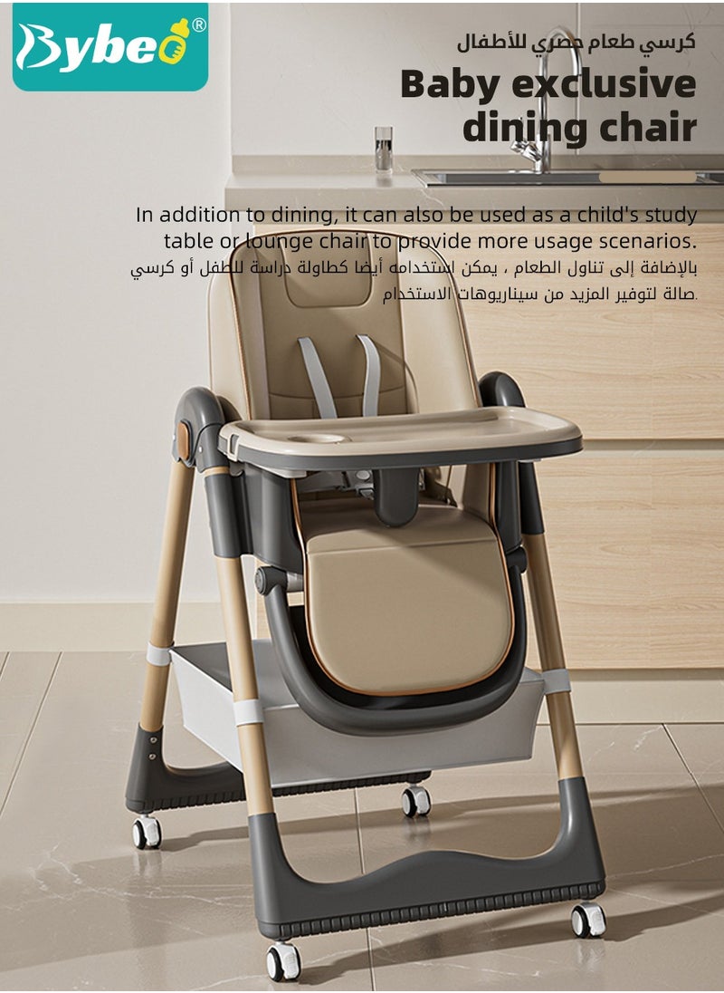 Bybeo Baby High Chair, Foldable Children Dining Chairs for Eating With Wheels, Multifunctional Toddler Feeding Chair with Double Removable Tray, Adjustable Back and Footrest, Storage Pocket  - Image 2