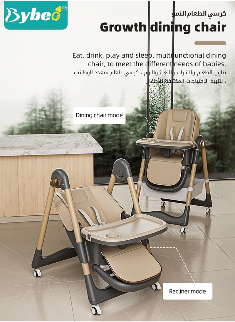 Bybeo Baby High Chair, Foldable Children Dining Chairs for Eating With Wheels, Multifunctional Toddler Feeding Chair with Double Removable Tray, Adjustable Back and Footrest, Storage Pocket  - Image 3