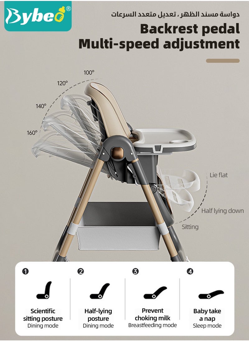 Bybeo Baby High Chair, Foldable Children Dining Chairs for Eating With Wheels, Multifunctional Toddler Feeding Chair with Double Removable Tray, Adjustable Back and Footrest, Storage Pocket  - Image 4