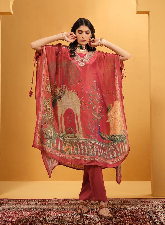 ISHIN Women's Rust Tissue Printed A-Line Kaftan Upperwear Calf Length Palazzo Bottomwear Flowy 2 Peice Kurta Set - Image 1