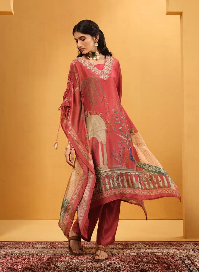 ISHIN Women's Rust Tissue Printed A-Line Kaftan Upperwear Calf Length Palazzo Bottomwear Flowy 2 Peice Kurta Set