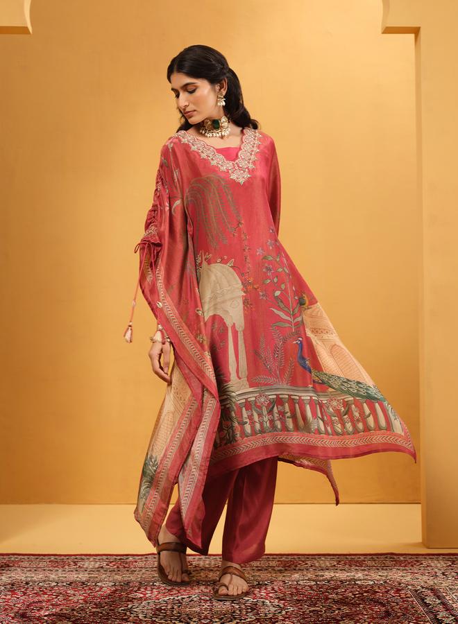 ISHIN Women's Rust Tissue Printed A-Line Kaftan Upperwear Calf Length Palazzo Bottomwear Flowy 2 Peice Kurta Set - Image 3