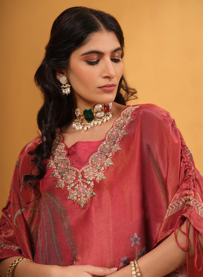 ISHIN Women's Rust Tissue Printed A-Line Kaftan Upperwear Calf Length Palazzo Bottomwear Flowy 2 Peice Kurta Set - Image 5