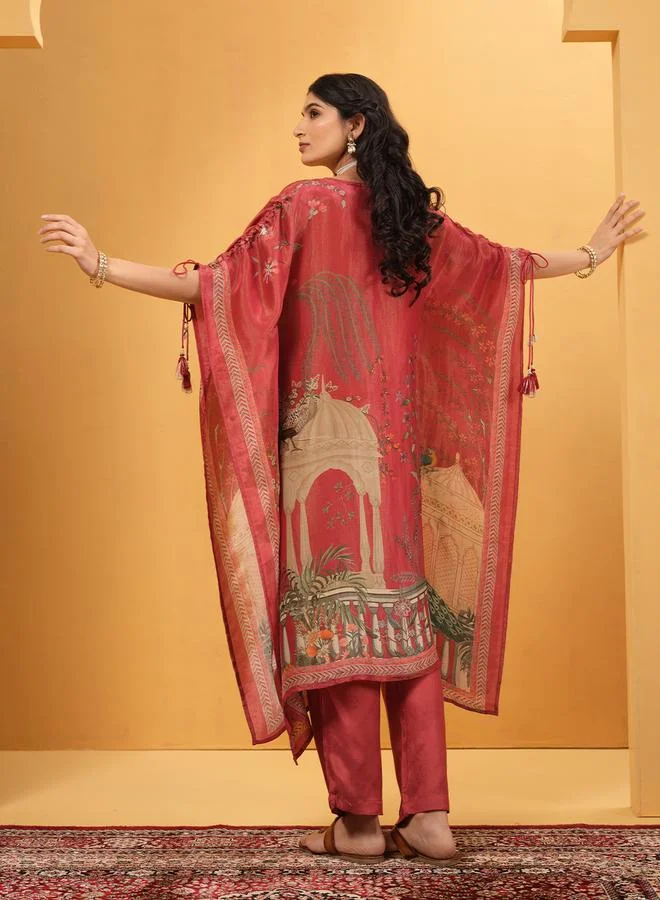 ISHIN Women's Rust Tissue Printed A-Line Kaftan Upperwear Calf Length Palazzo Bottomwear Flowy 2 Peice Kurta Set