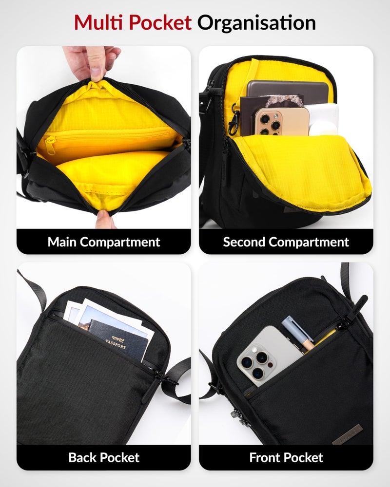 Destinio Padded Sling Bag for Men & Women | Lightweight Side Shoulder Bag | Crossbody Carry for Travel & Daily Use | Mobile Passport Cash Storage | Water Resistant Zipper | Anti Theft Lock (Black) - Image 3