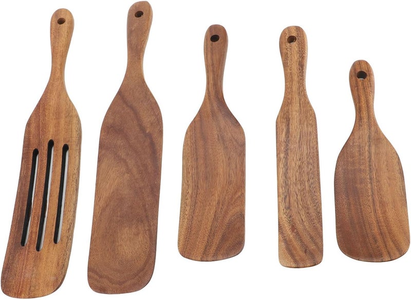 Asixxsix Wooden Spatulas, 5pcs Heat Proof Flat Frying Spatulas for Nonstick Pans, Wooden Utensil Set with Hanging Hole for Cooking Scooping Spreading Serving - Image 4