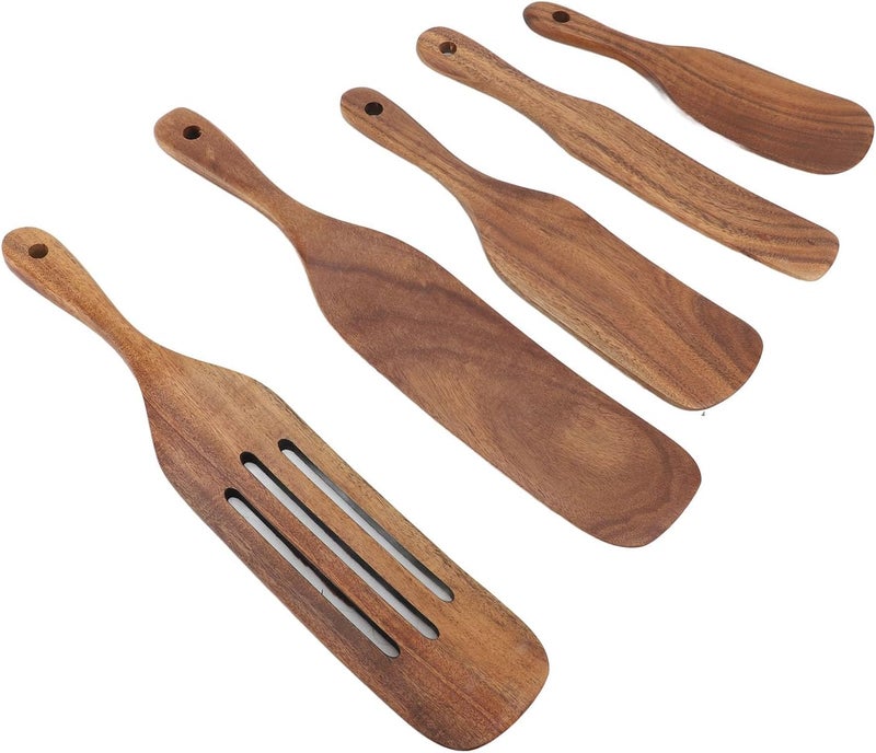 Asixxsix Wooden Spatulas, 5pcs Heat Proof Flat Frying Spatulas for Nonstick Pans, Wooden Utensil Set with Hanging Hole for Cooking Scooping Spreading Serving - Image 2