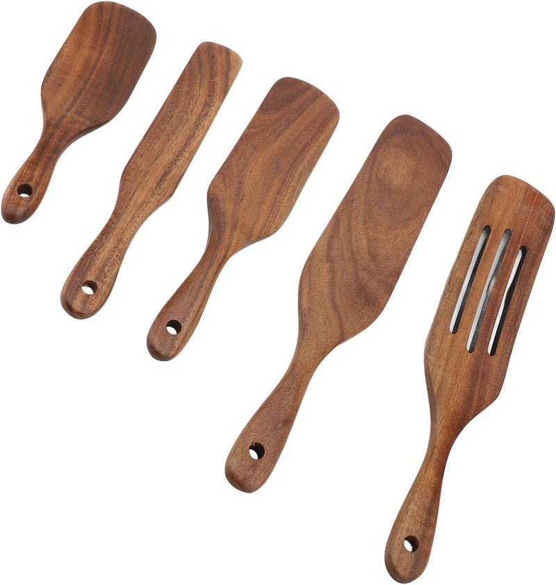 Asixxsix Wooden Spatulas, 5pcs Heat Proof Flat Frying Spatulas for Nonstick Pans, Wooden Utensil Set with Hanging Hole for Cooking Scooping Spreading Serving - Image 3