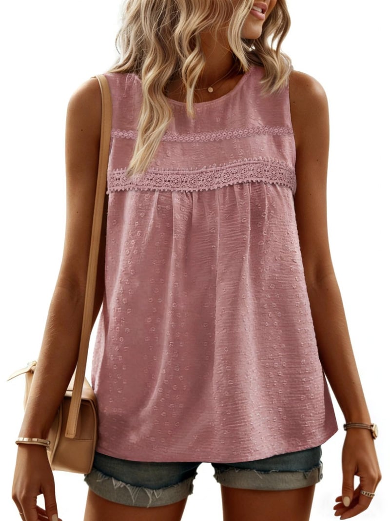 Yousify Women's Summer Casual Tank Tops Swiss Dots Sleeveless Shirts Crew Neck Loose Fit Pink Tunic Tops L - Image 2