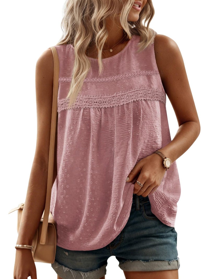 Yousify Women's Summer Casual Tank Tops Swiss Dots Sleeveless Shirts Crew Neck Loose Fit Pink Tunic Tops L - Image 1