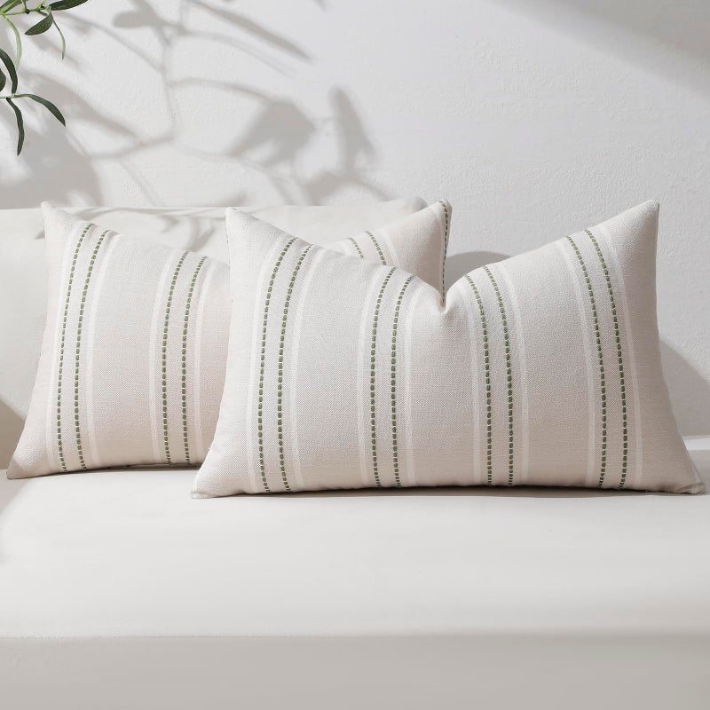 Hckot Throw Pillow Covers 12x20 Set of 2 Striped Pillow Covers Textured Linen Decorative Pillows Lumbar Cushion Covers for Sofa Couch Bed Living Room Farmhouse Decor, Sage Green - Image 1