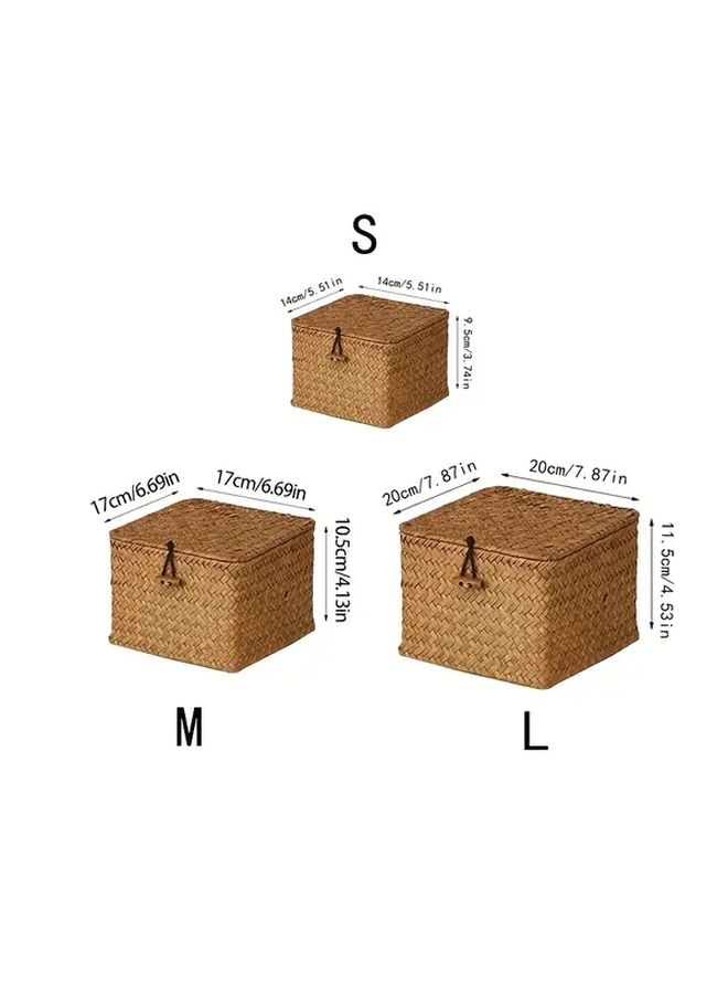 3pcs Handwoven Wicker Like Square Storage Basket Set Vintage Round Lattice Lid Boxes With Black Tipped Lid Knobs Rustic Farmhouse Organizers For Home Office Blankets Woven Basketry No Plastic Low Profile Shelf Baskets - Image 3
