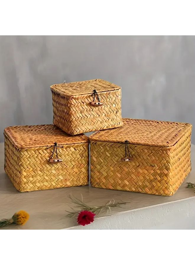 3pcs Handwoven Wicker Like Square Storage Basket Set Vintage Round Lattice Lid Boxes With Black Tipped Lid Knobs Rustic Farmhouse Organizers For Home Office Blankets Woven Basketry No Plastic Low Profile Shelf Baskets - Image 2