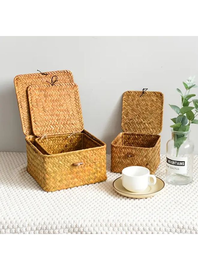 3pcs Handwoven Wicker Like Square Storage Basket Set Vintage Round Lattice Lid Boxes With Black Tipped Lid Knobs Rustic Farmhouse Organizers For Home Office Blankets Woven Basketry No Plastic Low Profile Shelf Baskets - Image 4