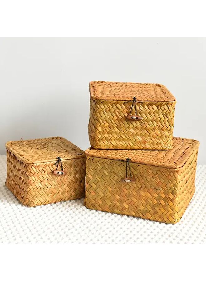3pcs Handwoven Wicker Like Square Storage Basket Set Vintage Round Lattice Lid Boxes With Black Tipped Lid Knobs Rustic Farmhouse Organizers For Home Office Blankets Woven Basketry No Plastic Low Profile Shelf Baskets - Image 5