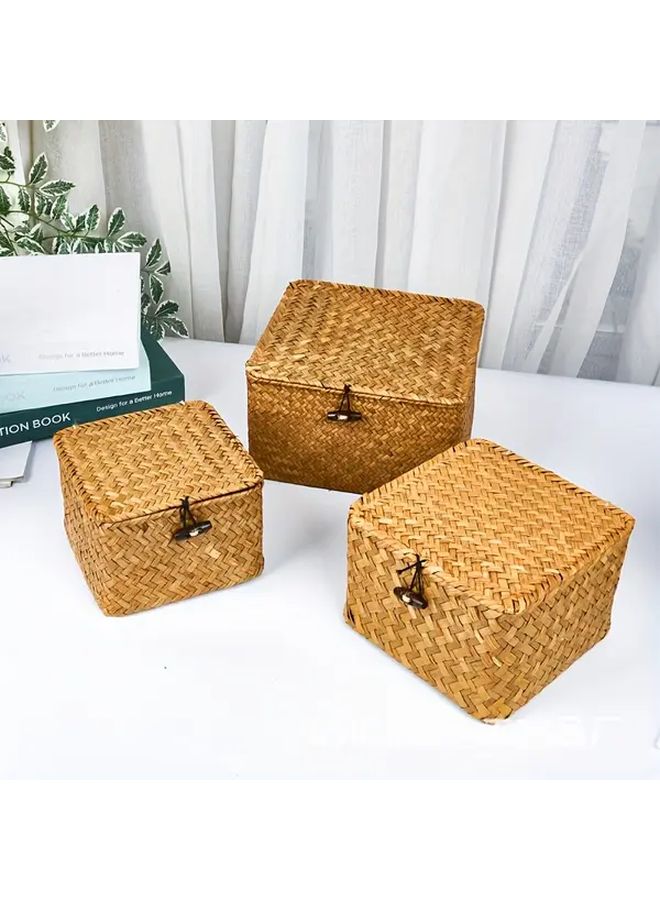 3pcs Handwoven Wicker Like Square Storage Basket Set Vintage Round Lattice Lid Boxes With Black Tipped Lid Knobs Rustic Farmhouse Organizers For Home Office Blankets Woven Basketry No Plastic Low Profile Shelf Baskets - Image 1