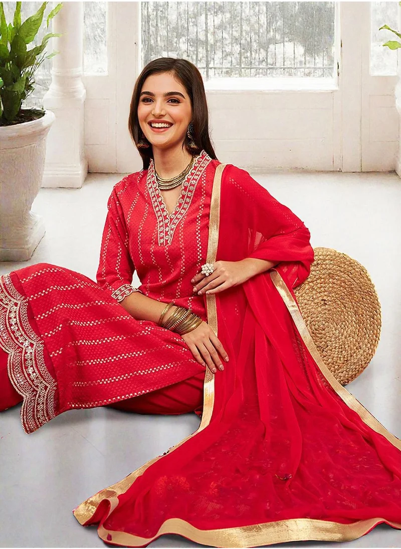 آي شين Women's Red 100% Cotton Printed Tunic Full Length Casual Straight Fit Kurta Set