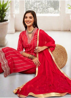 ISHIN Women's Red 100% Cotton Printed Tunic Full Length Casual Straight Fit Kurta Set  - Image 1