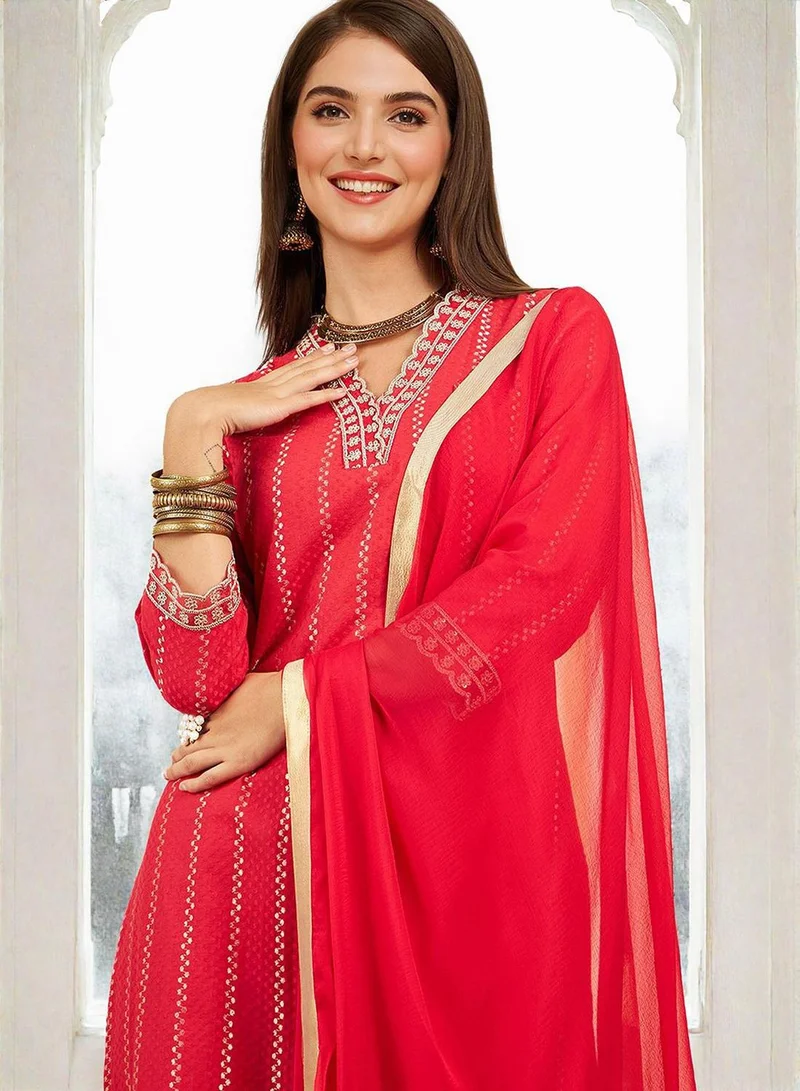 ISHIN Women's Red 100% Cotton Printed Tunic Full Length Casual Straight Fit Kurta Set
