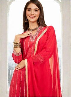 ISHIN Women's Red 100% Cotton Printed Tunic Full Length Casual Straight Fit Kurta Set  - Image 3