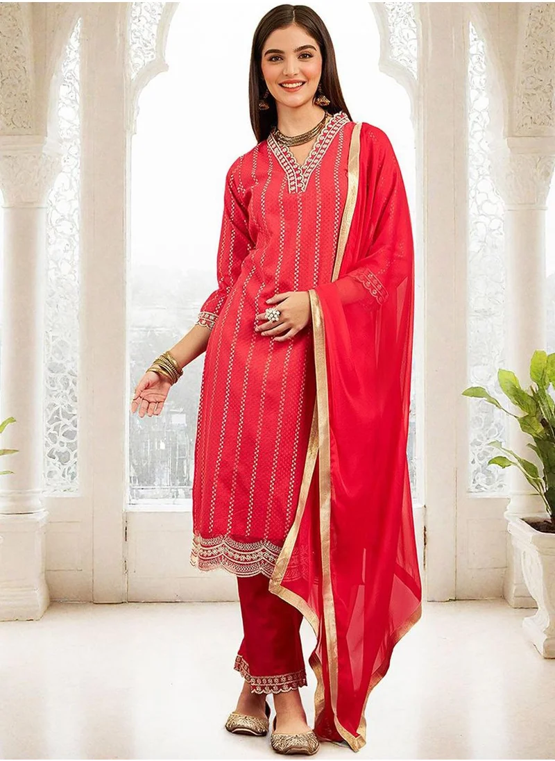 آي شين Women's Red 100% Cotton Printed Tunic Full Length Casual Straight Fit Kurta Set