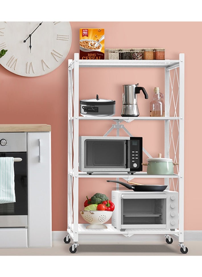 4 Layer Shelf Foldable Storage Shelving Unit with Wheels, Metal Storage Rack Display Rack for Garage Kitchen Pantry Closet Laundry, White