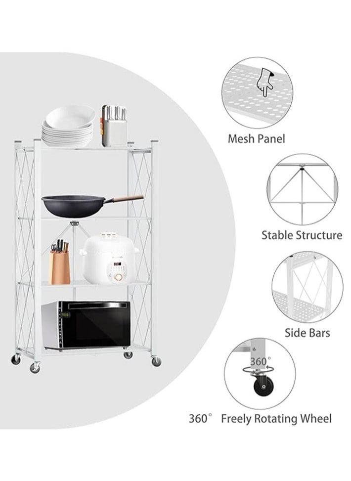 4 Layer Shelf Foldable Storage Shelving Unit with Wheels, Metal Storage Rack Display Rack for Garage Kitchen Pantry Closet Laundry, White