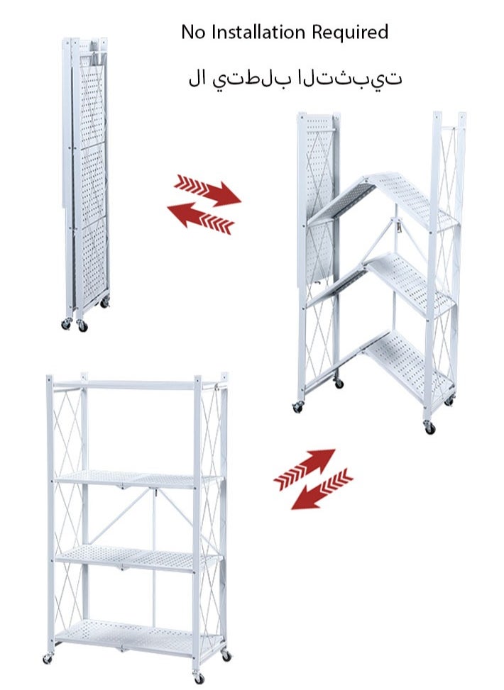 4 Layer Shelf Foldable Storage Shelving Unit with Wheels, Metal Storage Rack Display Rack for Garage Kitchen Pantry Closet Laundry, White