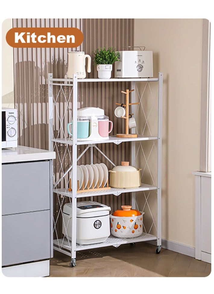 4 Layer Shelf Foldable Storage Shelving Unit with Wheels, Metal Storage Rack Display Rack for Garage Kitchen Pantry Closet Laundry, White