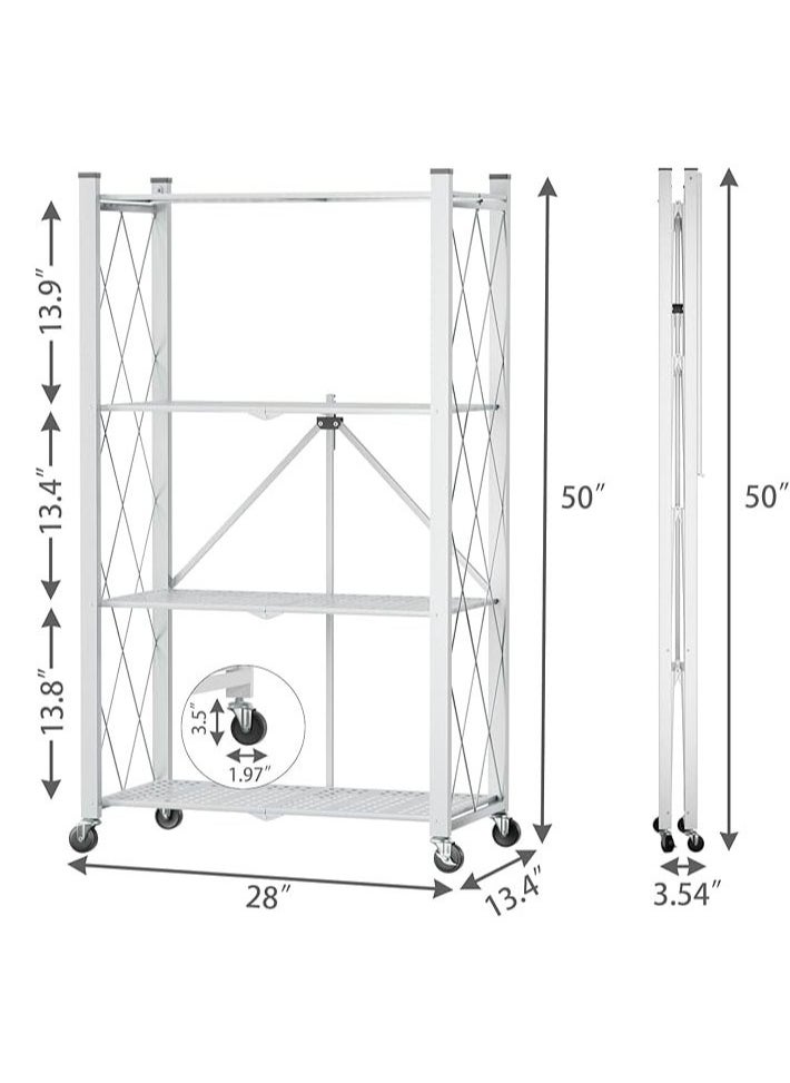 4 Layer Shelf Foldable Storage Shelving Unit with Wheels, Metal Storage Rack Display Rack for Garage Kitchen Pantry Closet Laundry, White