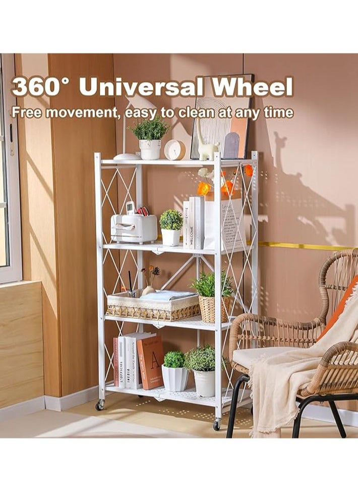 4 Layer Shelf Foldable Storage Shelving Unit with Wheels, Metal Storage Rack Display Rack for Garage Kitchen Pantry Closet Laundry, White