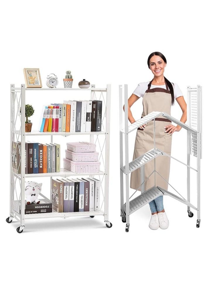 4 Layer Shelf Foldable Storage Shelving Unit with Wheels, Metal Storage Rack Display Rack for Garage Kitchen Pantry Closet Laundry, White