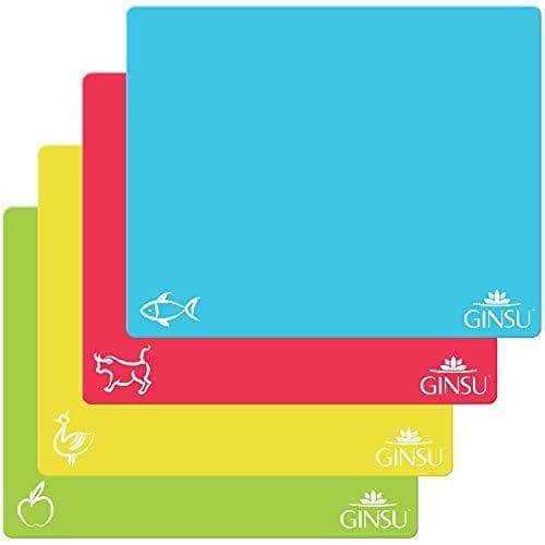 Ginsu Flexible Plastic Cutting Boards Extra Thick 12mm Dishwasher Safe BPA Free Colorful Cutting Mats with Slip Resistant Waffle Back Set of 4