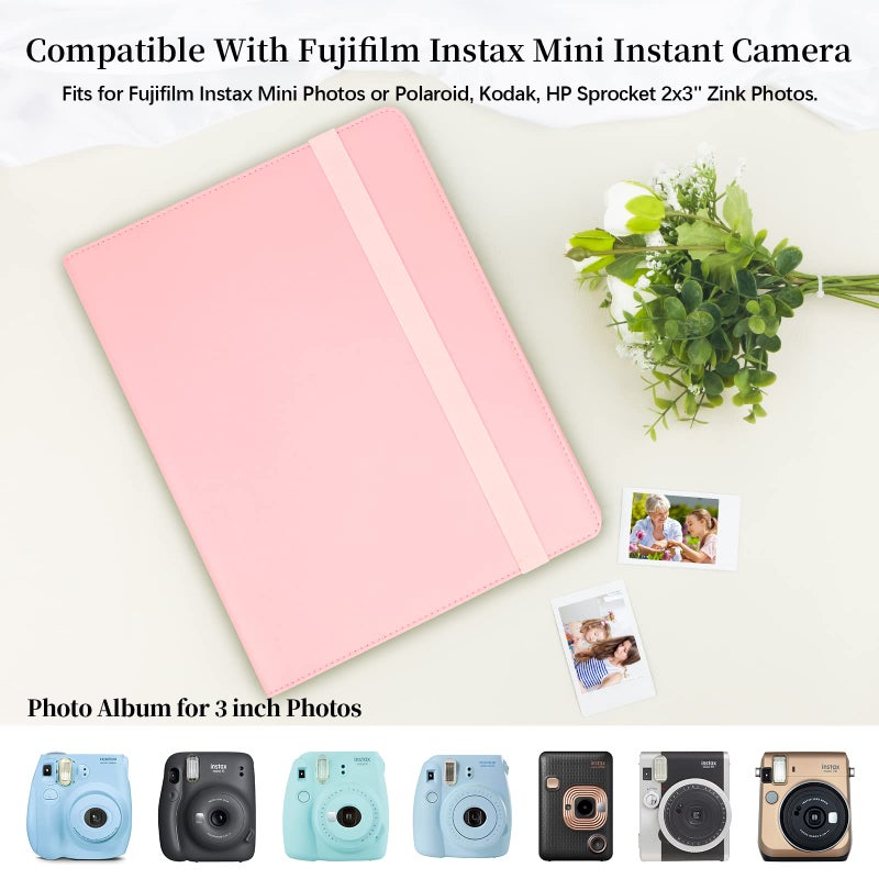 Veicevol 400 Pockets Photo Album for Fujifilm Instax Mini Camera  Polaroid Camera  Album for Fujifilm Instax Mini 12 90 70 9 8+ 8 LiPlay Instant Camera  Polaroid Snap PIC-300 Z2300 Instant Camera (Pink) - Image 3