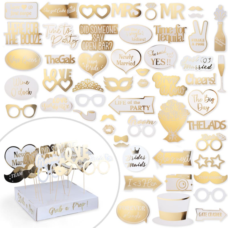 SOUL SHIFT 60PCs Fully Assembled Wedding Photo Booth Props  Prop Stand  Gold Signs  Elegant Wedding  Reception Party Supplies Funny Wedding Props Gold Foil Print  Bridal PhotoBooth