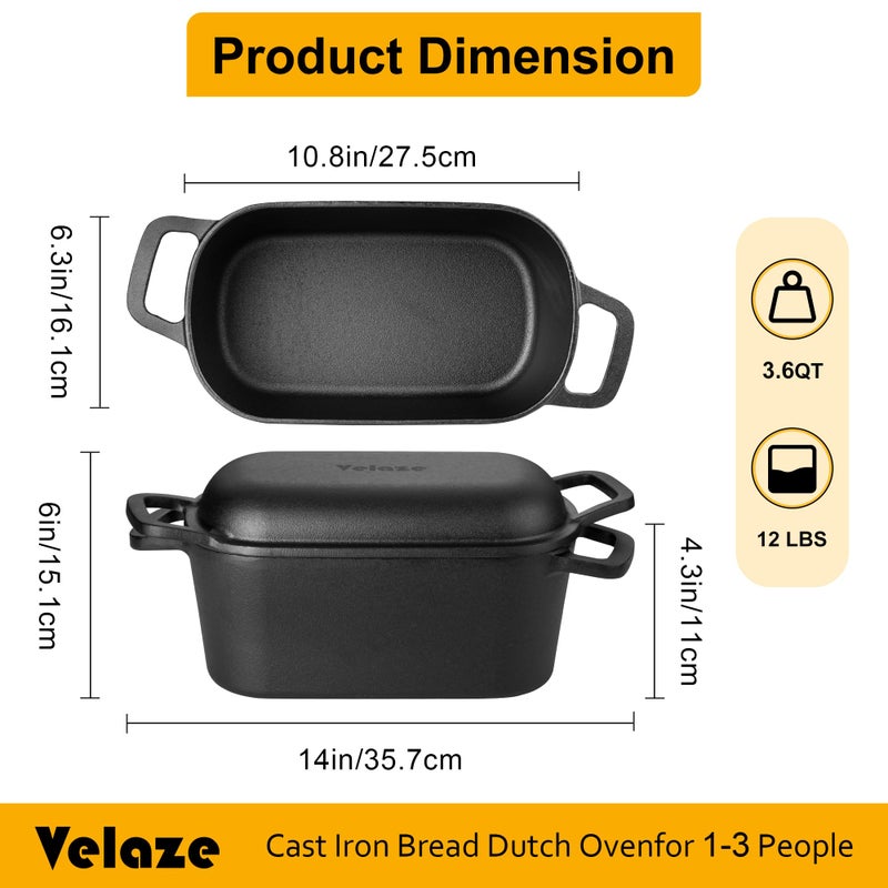 Velaze 3.6QT Dutch Oven for Bread Baking,Oval Cast Iron Bread Oven Pan with Lid and Offset Handles,Oven Safe to 500Â°F for Homemade Sourdough Bread(Black) - Image 2