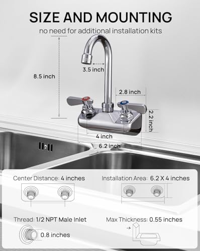 Sepaitek Leak-Free Kitchen Faucet Wall Mount 4" Center, Commercial Sink Faucet for Restaurant Triple 3 Compartment Sink, 3-1/2 Gooseneck 2 Hole Industrial Laundry Bar Hand Sink Faucet, Brass - Image 5
