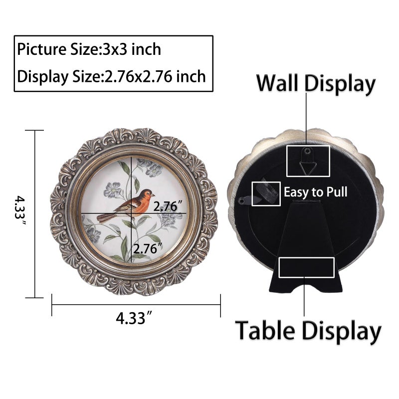 LIHOLO Vintage Picture Frames 3x3 Round Picture Frames Antique Gold Picture Frames Rustic Bird Picture Frame - Image 2