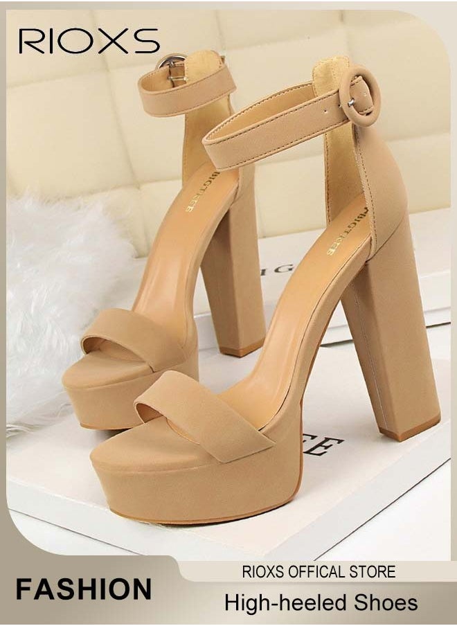 RIOXS Heeled Sandals For Women, Stylish Chunky Heels Shoes, Comfortable Ankle Strap Open-toe High Heels, Women's 13cm Heeled Sandals, 4.5cm Waterproof Platform Sandal, Summer Dress Shoes For Ladies Women All Kinds of Occasions  - Image 1