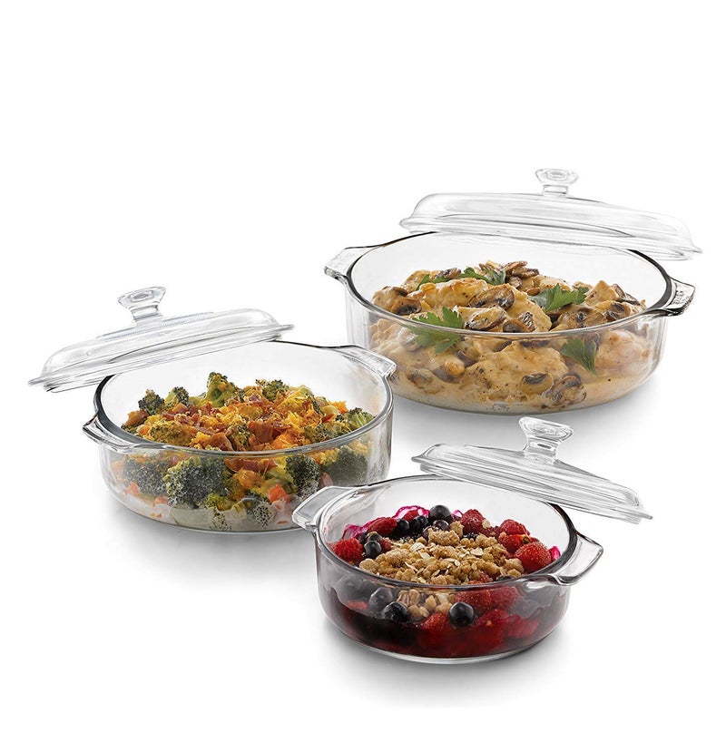 PrimeWorld 3pcs set of 1000 ml each Casserole With Glass lid Microwave Oven Safe Serving Bowl Tempered Glass for Rice and Boiling Food Multipurpose 3pcs 1 ltr Casserol each - Image 1