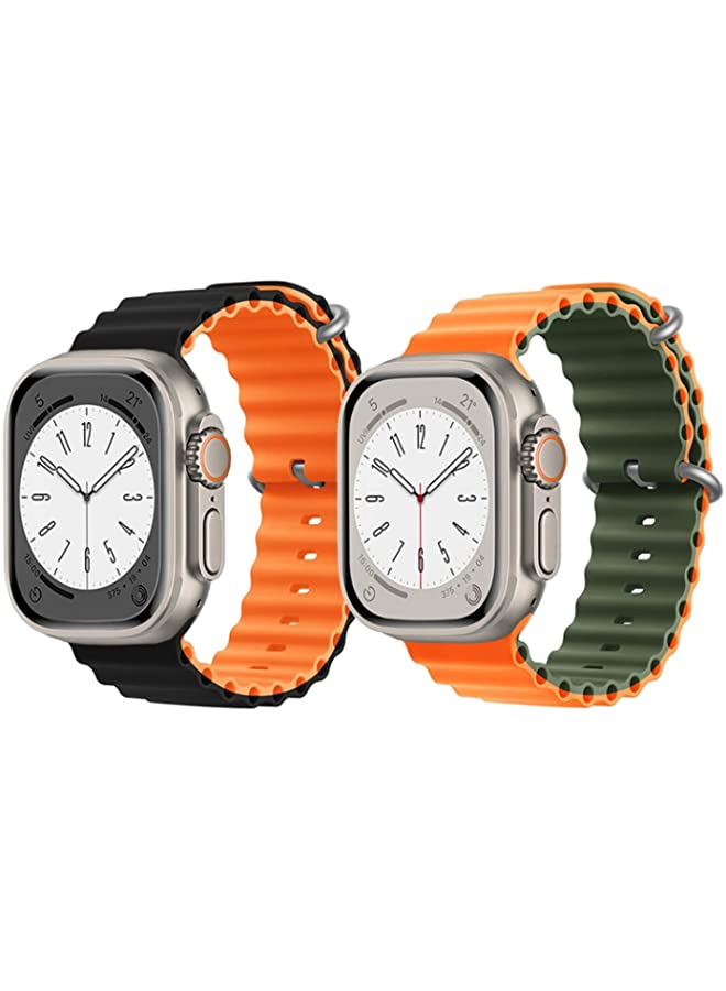 IAF Silicone Ocean Band Strap for Apple Watch Ultra 8 49mm Black/Orange Double Side Strap with Orange/Green Double Side Strap Set of 2